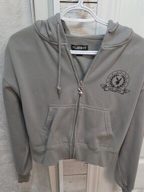 PLAYBOY Army Green Cropped Zip Hoodie with Emblem
